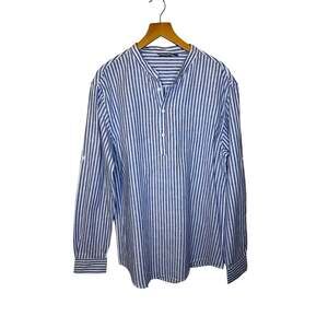 Minimalist Academia Linen Cotton Blend Oxford Stripe Half Button Dress Shirt Lg